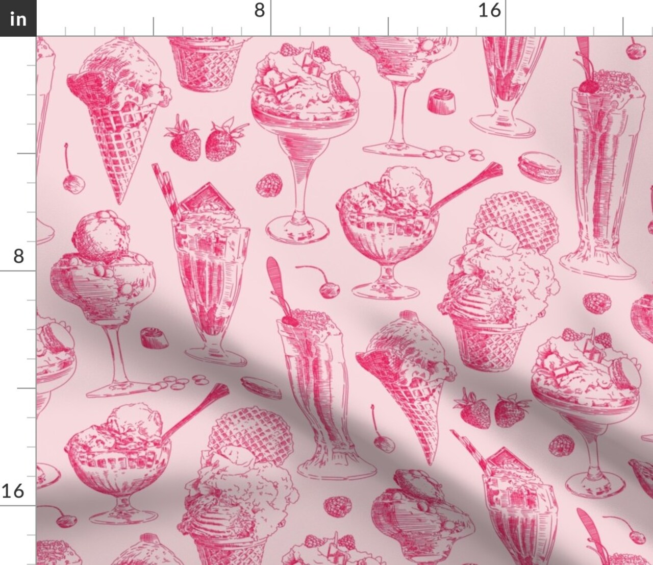 Pink Vintage Ice Cream Summer Monochrome Milkshake Dessert Toile De Jouy Custom Printed Fabric by Spoonflower Various Fabrics by the Yard or Fat Quarter